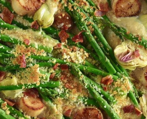 Scallops, Asparagus, and Artichoke Gratin