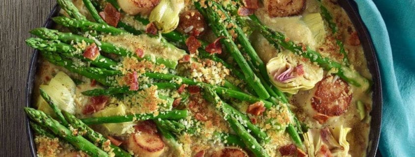 Scallops, Asparagus, and Artichoke Gratin