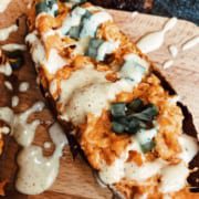 Twice Baked Buffalo Chicken Sweet Potatoes with SPF 53 and One Legged Chicken