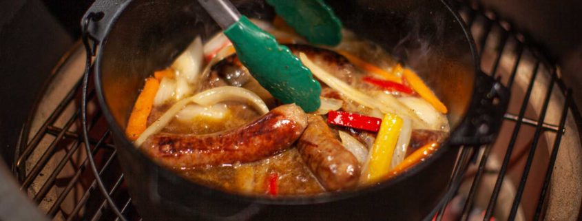 Beer Braised Brats, Onions and Peppers