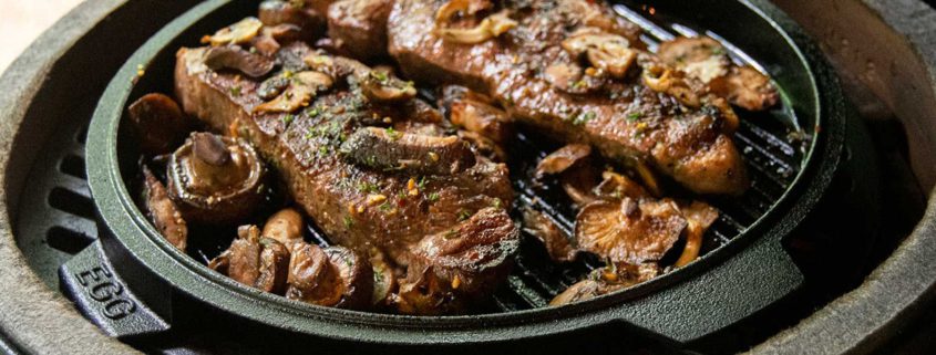 Cast Iron Seared Strip Steaks with Sautéed Wild Mushrooms