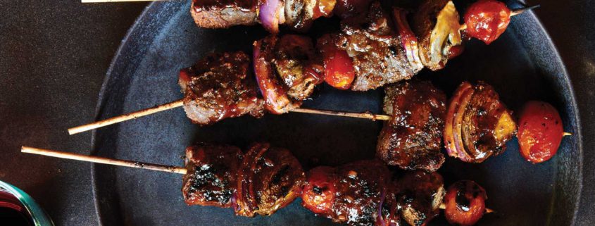 Wine Marinated Beef Skewers with Cherry Bourbon Glaze